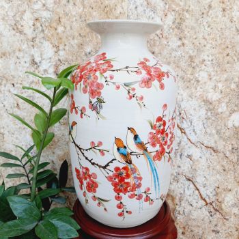 Bình hoa gốm sứ bát tràng thủ công họa tiết vẽ hoa đào H36
