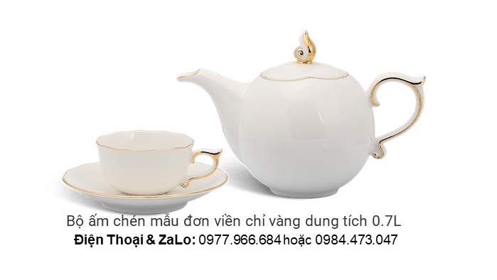 Bộ ấm chén mẫu đơn viền chỉ vàng dung tích 0.7L